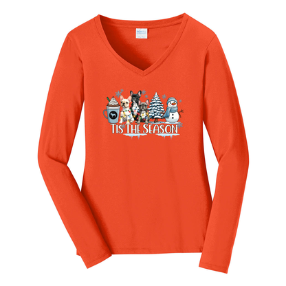 French Bulldog Tis The Season Winter Port & Company® Ladies Long Sleeve Fan Favorite™ V-Neck Tee LPC450VLS