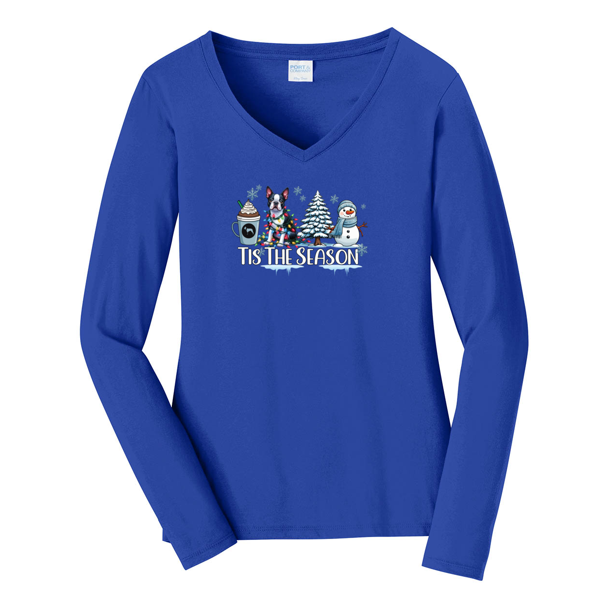 Boston Terrier Tis The Season Winter Port & Company® Ladies Long Sleeve Fan Favorite™ V-Neck Tee LPC450VLS