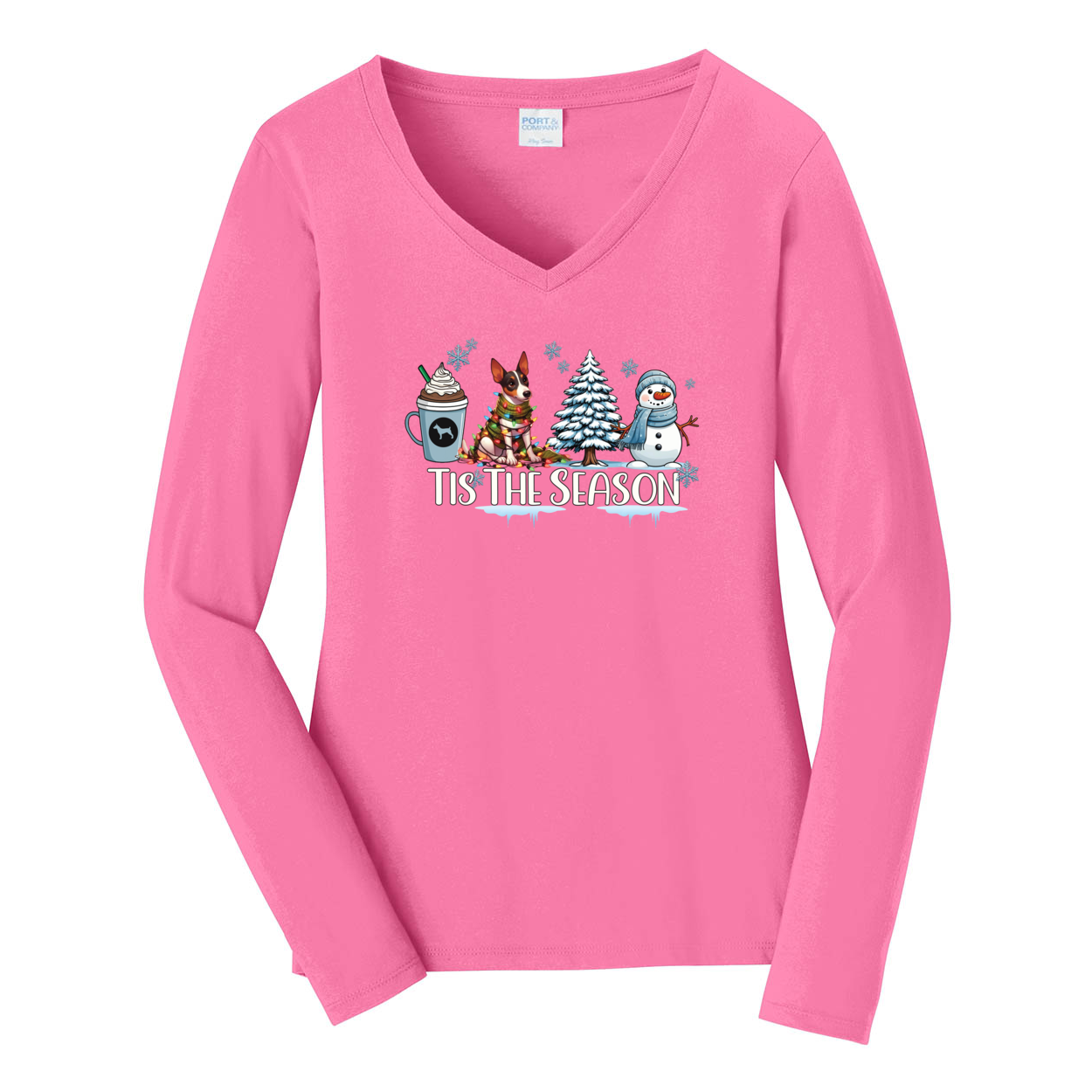 Rat Terrier Tis The Season Winter Port & Company® Ladies Long Sleeve Fan Favorite™ V-Neck Tee LPC450VLS