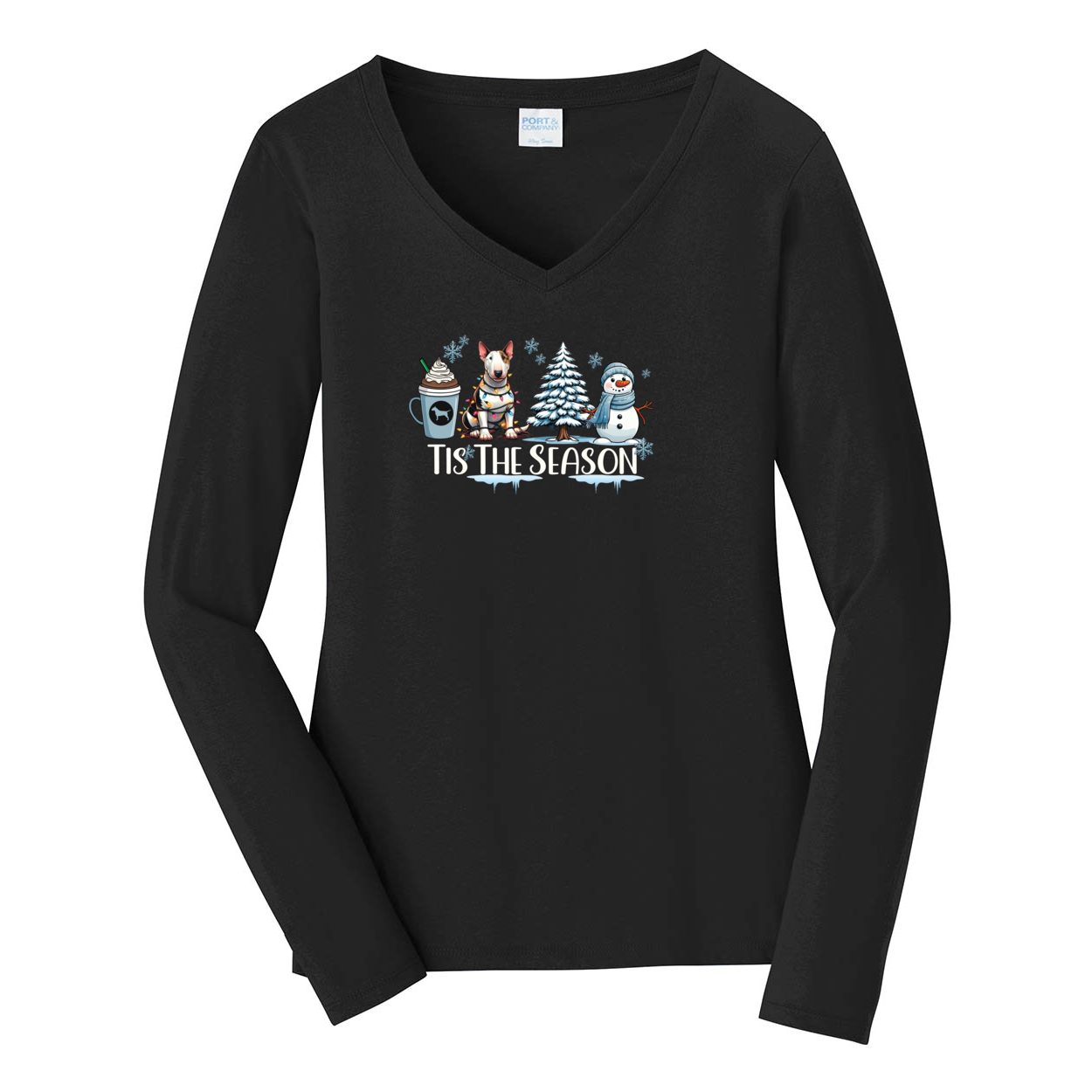 Bull Terrier Tis The Season Winter Port & Company® Ladies Long Sleeve Fan Favorite™ V-Neck Tee LPC450VLS