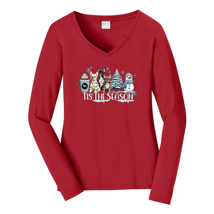 French Bulldog Tis The Season Winter Port & Company® Ladies Long Sleeve Fan Favorite™ V-Neck Tee LPC450VLS