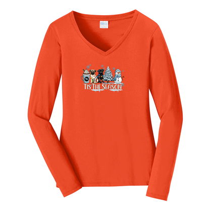 Pug Tis The Season Winter Ladies Long Sleeve Fan Favorite™ V-Neck Tee