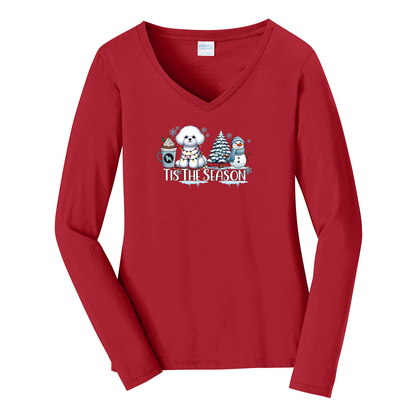 Bichon Frisé Tis The Season Winter Port & Company® Ladies Long Sleeve Fan Favorite™ V-Neck Tee LPC450VLS