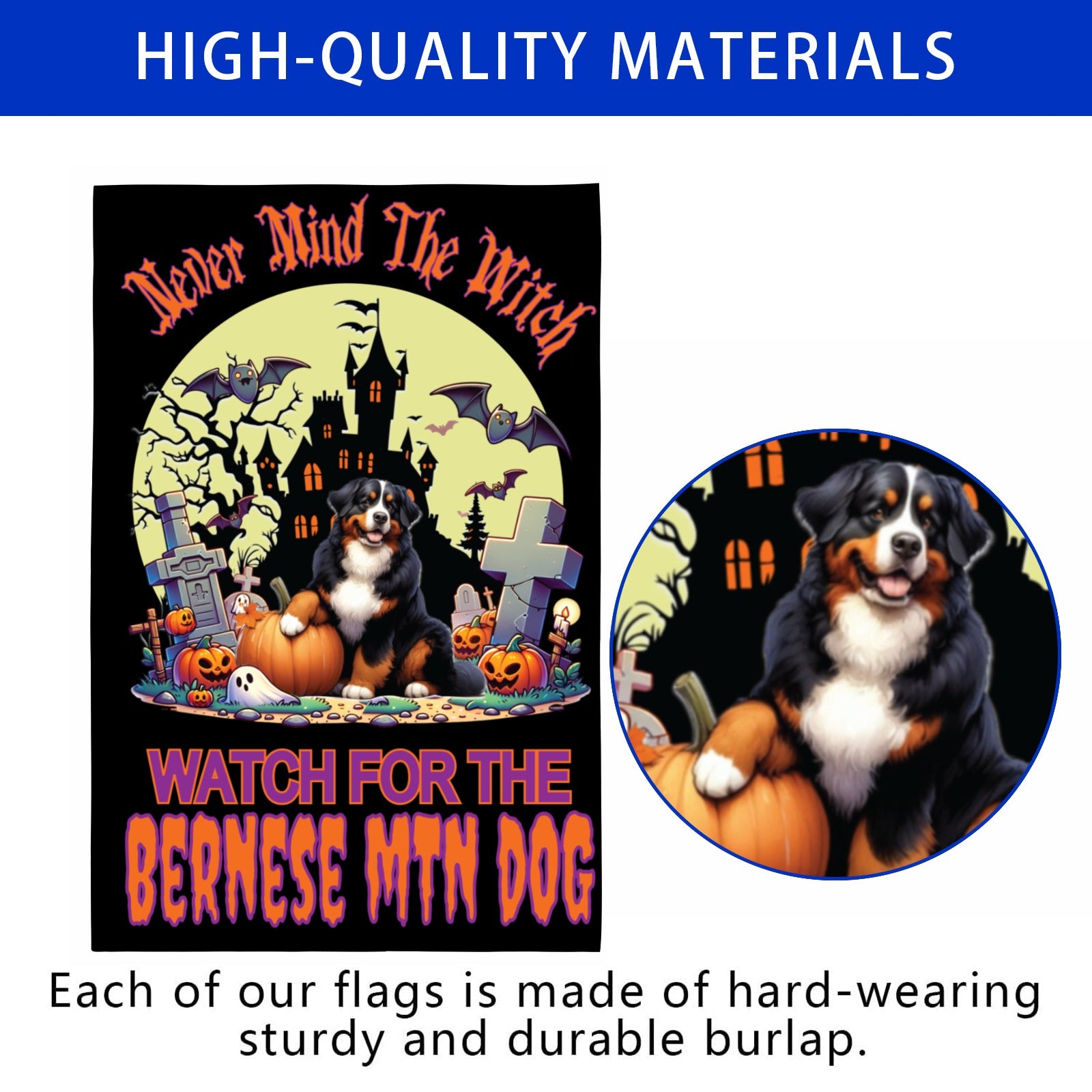 Halloween garden flag featuring Bernese Mountain Dog with spooky design, perfect for fall decor. Garden Flag Working Group.