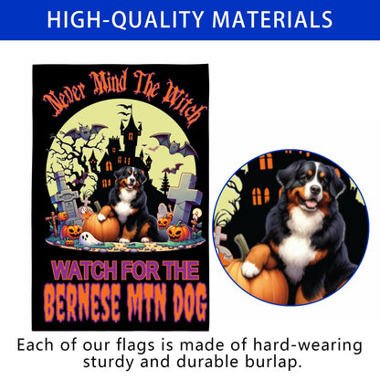 Halloween garden flag featuring Bernese Mountain Dog with spooky design, perfect for fall decor. Garden Flag Working Group.