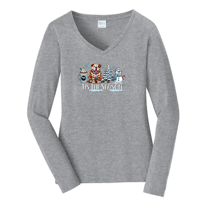 BullDog Tis The Season Winter Port & Company® Ladies Long Sleeve Fan Favorite™ V-Neck Tee LPC450VLS