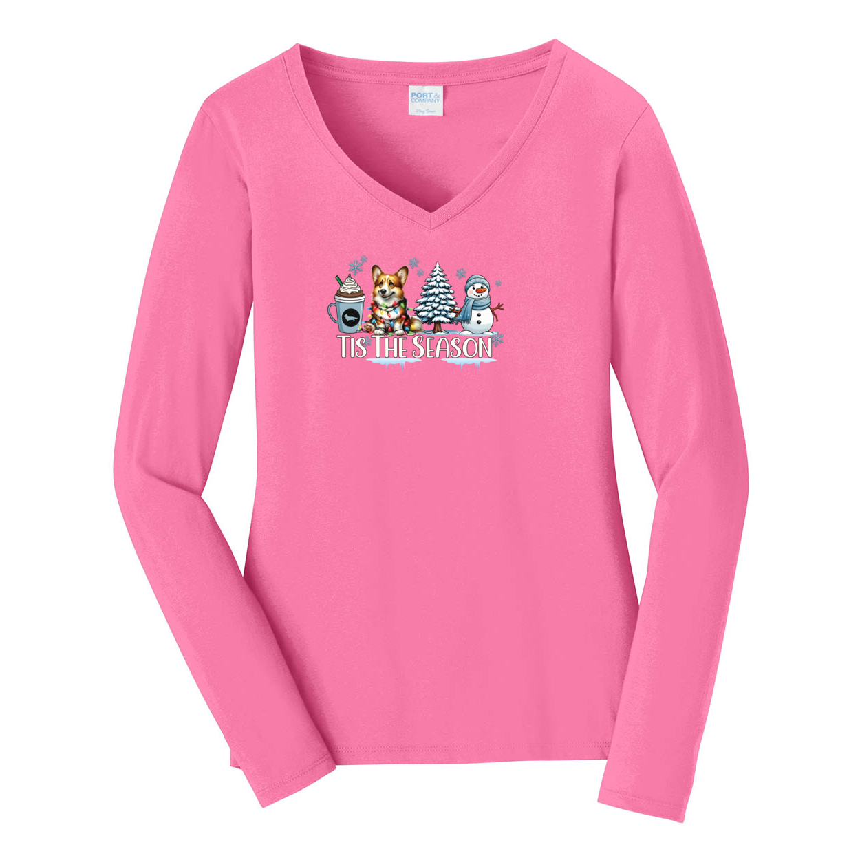 Cardigan Corgi Tis The Season Winter Port & Company® Ladies Long Sleeve Fan Favorite™ V-Neck Tee LPC450VLS