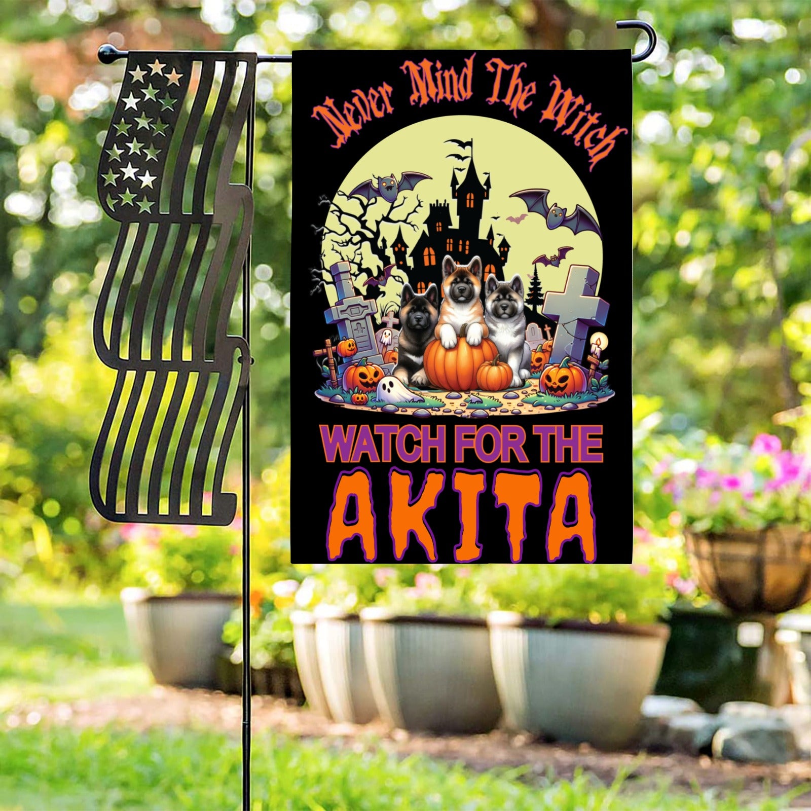Halloween Garden Flag Working Group featuring Akita with spooky decorations in garden setting.