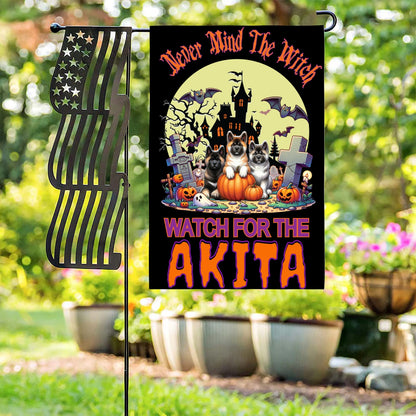 Halloween Garden Flag Working Group featuring Akita with spooky decorations in garden setting.