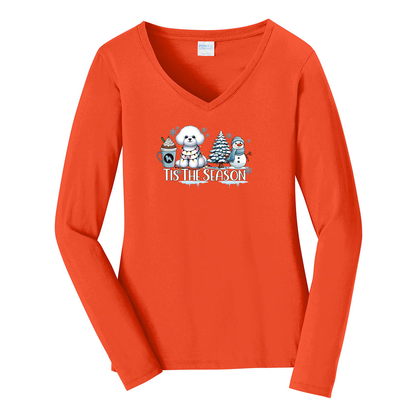 Bichon Frisé Tis The Season Winter Port & Company® Ladies Long Sleeve Fan Favorite™ V-Neck Tee LPC450VLS