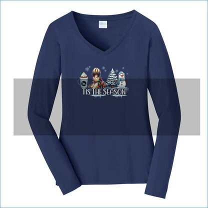 Afghan Tis The Season Winter Port & Company® Ladies Long Sleeve Fan Favorite™ V-Neck Tee LPC450VLS - XS / Team Navy