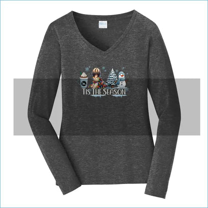 Afghan Tis The Season Winter Port & Company® Ladies Long Sleeve Fan Favorite™ V-Neck Tee LPC450VLS - XS / Dark Heather