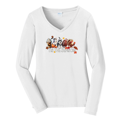 Alaskan Malamute Tis The Season Fall Port & Company® Ladies Long Sleeve Fan Favorite™ V-Neck Tee LPC450VLS