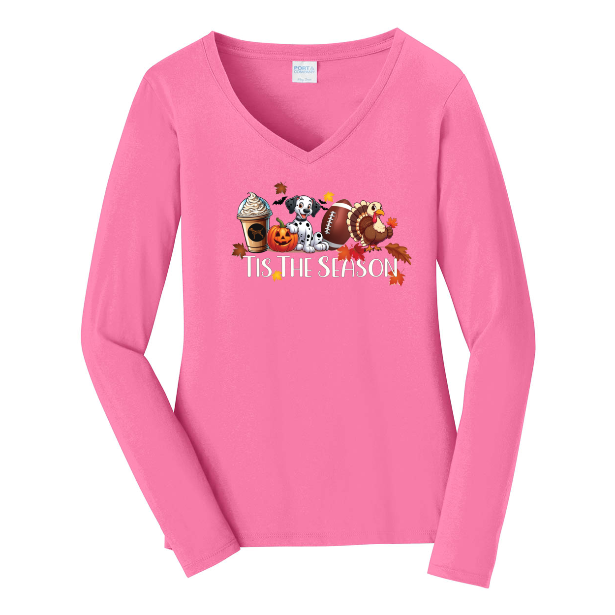 Dalmatian Tis The Season Fall Port & Company® Ladies Long Sleeve Fan Favorite™ V-Neck Tee LPC450VLS