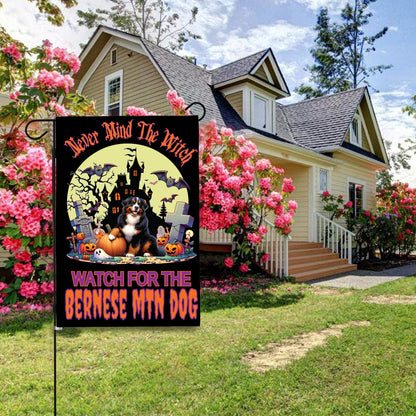 Halloween garden flag featuring a Bernese Mountain Dog with spooky decorations, perfect for adding charm to your yard.