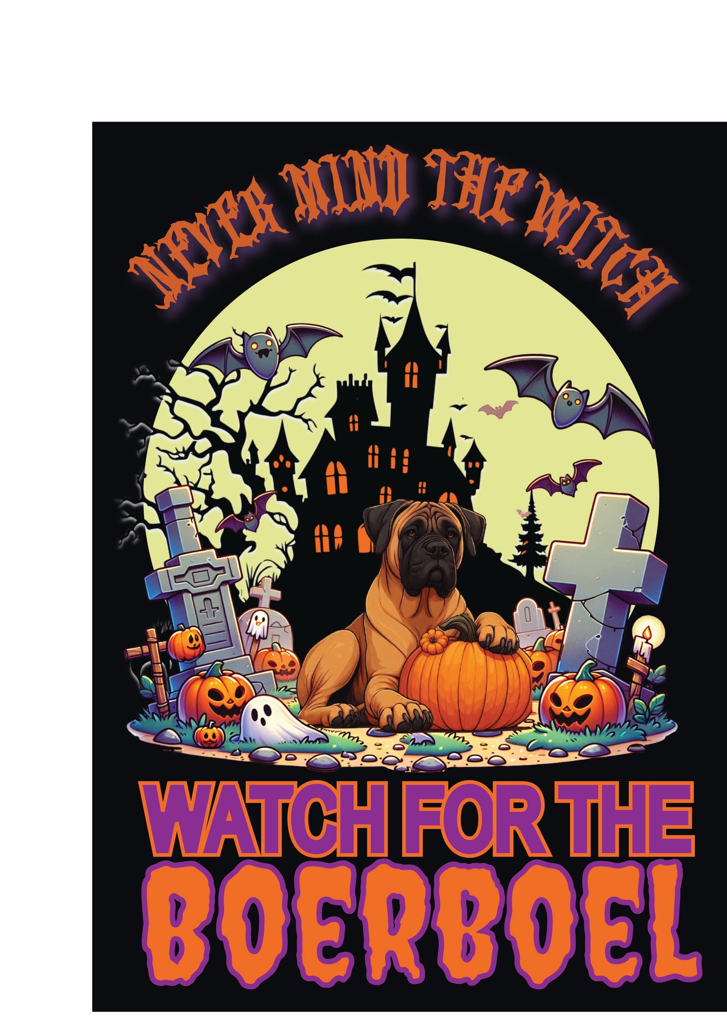 Halloween garden flag featuring a Boerboel dog, pumpkin, and spooky elements. Ideal for dog lovers and festive decoration.