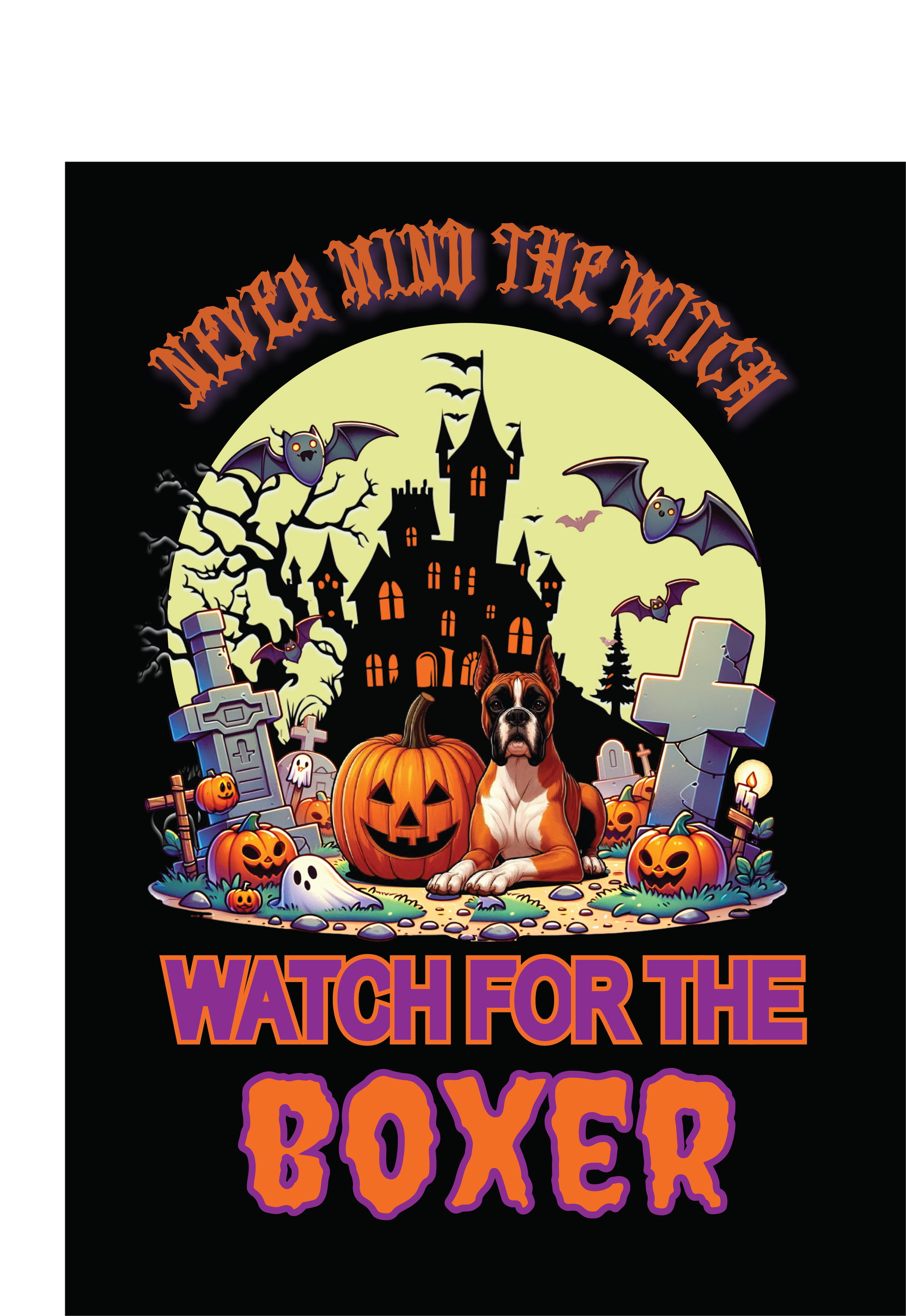 Halloween garden flag featuring a Boxer with pumpkins, bats, and a haunted house for dog lovers. Garden Flag Working Group.