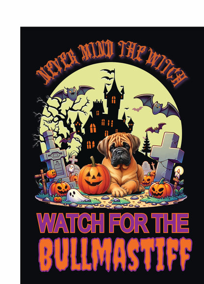 Halloween garden flag featuring a Bullmastiff dog, pumpkins, and a haunted house with bats.