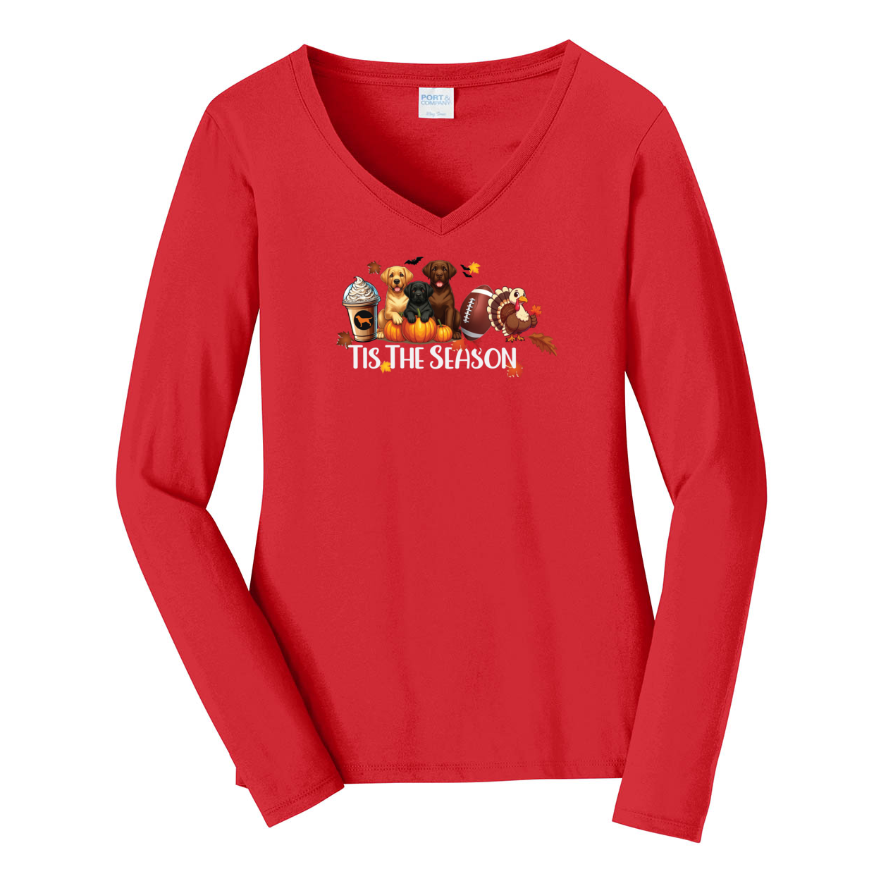 Labrador Tis The Season Turkey Port & Company® Ladies Long Sleeve Fan Favorite™ V-Neck Tee LPC450VLS