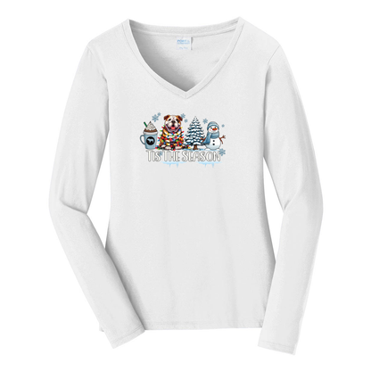 BullDog Tis The Season Winter Port & Company® Ladies Long Sleeve Fan Favorite™ V-Neck Tee LPC450VLS