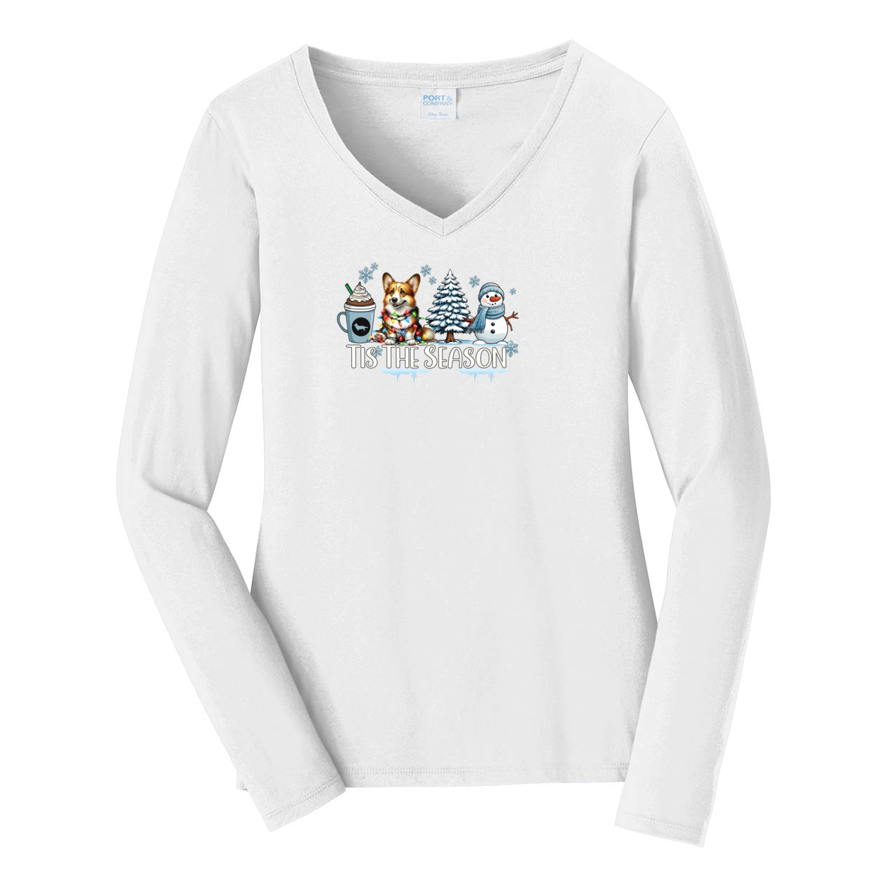 Cardigan Corgi Tis The Season Winter Port & Company® Ladies Long Sleeve Fan Favorite™ V-Neck Tee LPC450VLS