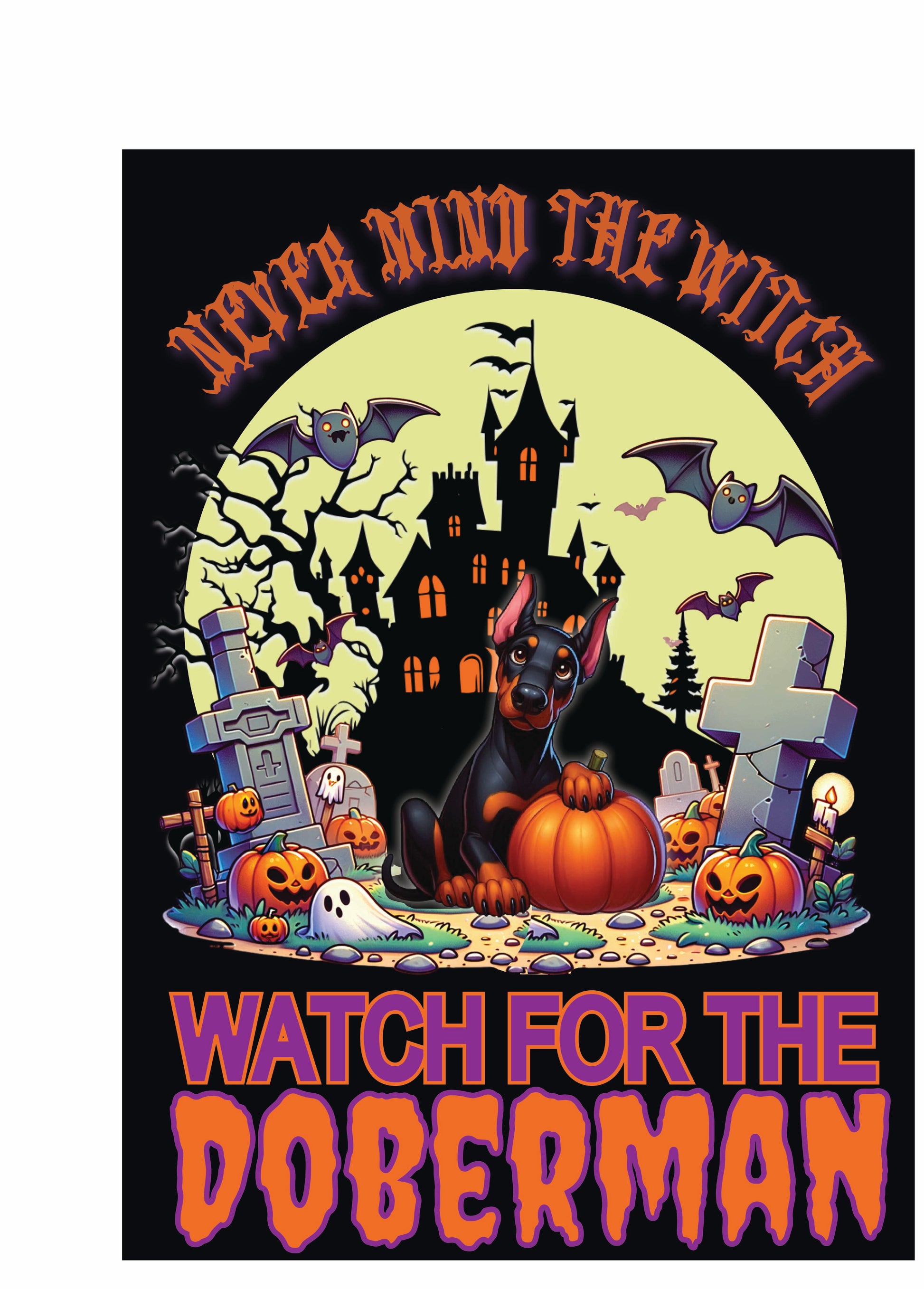 Halloween garden flag featuring a Doberman with pumpkins and a spooky background, promoting working dog breeds.