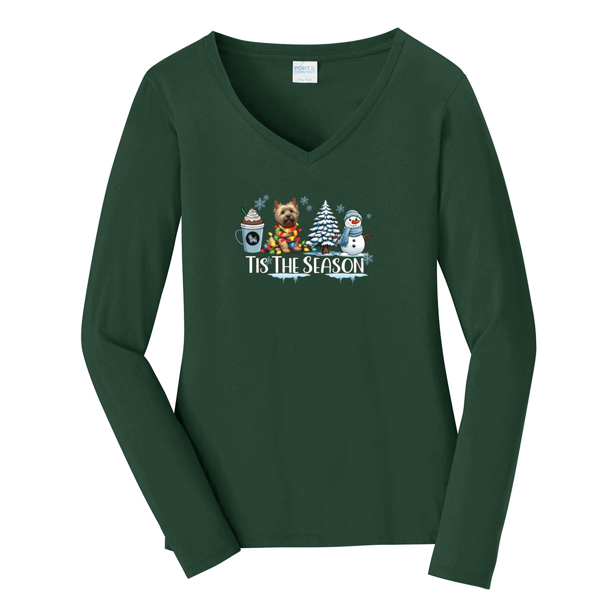 Cairn Terrier Tis The Season Winter Port & Company® Ladies Long Sleeve Fan Favorite™ V-Neck Tee LPC450VLS