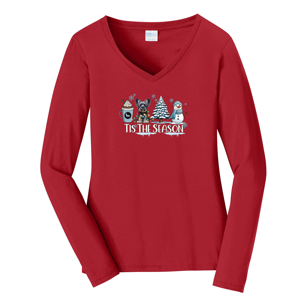 Skye Terrier Tis The Season Winter Port & Company® Ladies Long Sleeve Fan Favorite™ V-Neck Tee LPC450VLS