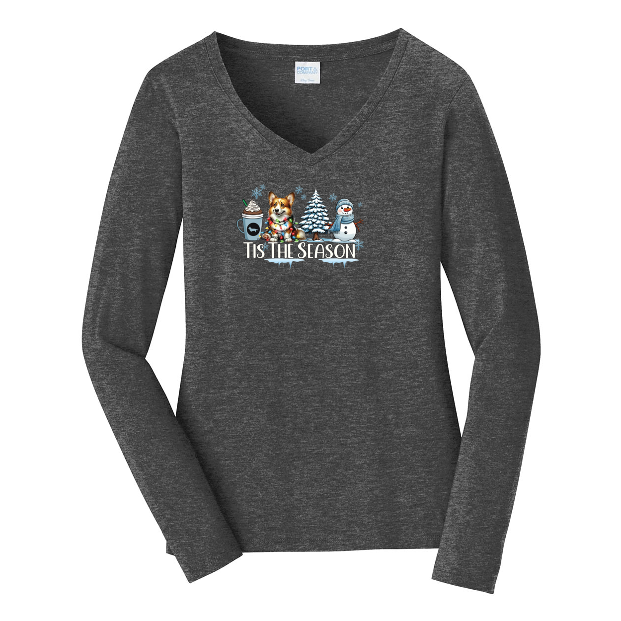 Cardigan Corgi Tis The Season Winter Port & Company® Ladies Long Sleeve Fan Favorite™ V-Neck Tee LPC450VLS