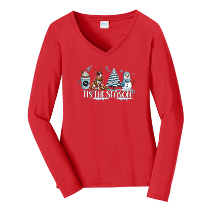 Rat Terrier Tis The Season Winter Port & Company® Ladies Long Sleeve Fan Favorite™ V-Neck Tee LPC450VLS