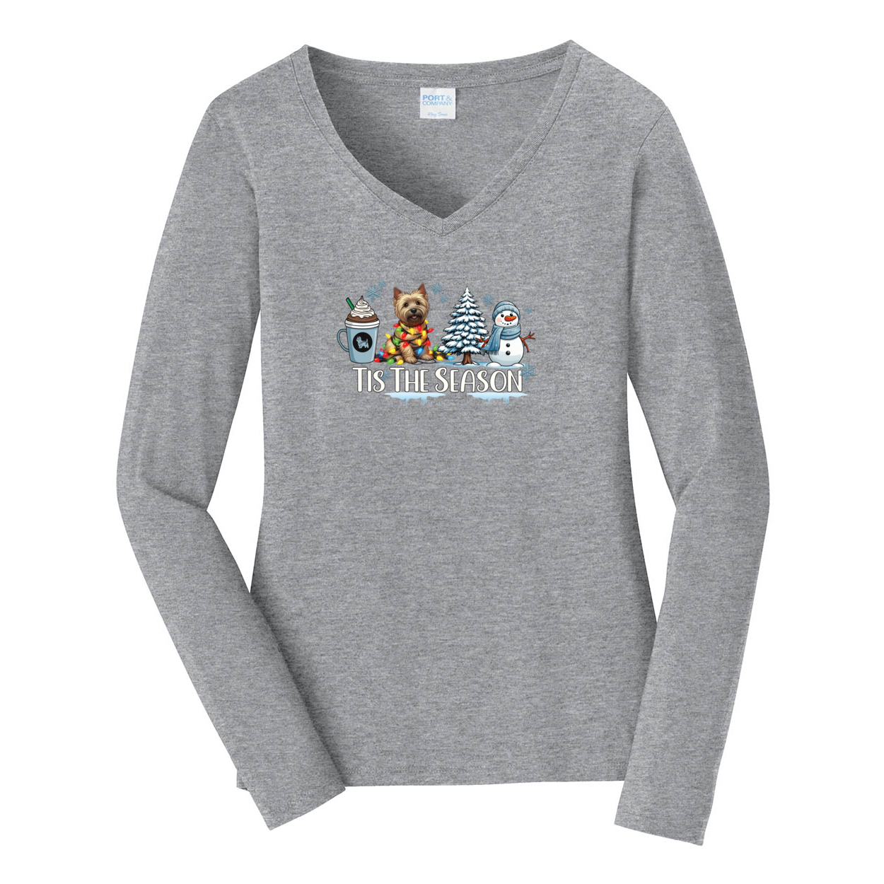 Cairn Terrier Tis The Season Winter Port & Company® Ladies Long Sleeve Fan Favorite™ V-Neck Tee LPC450VLS