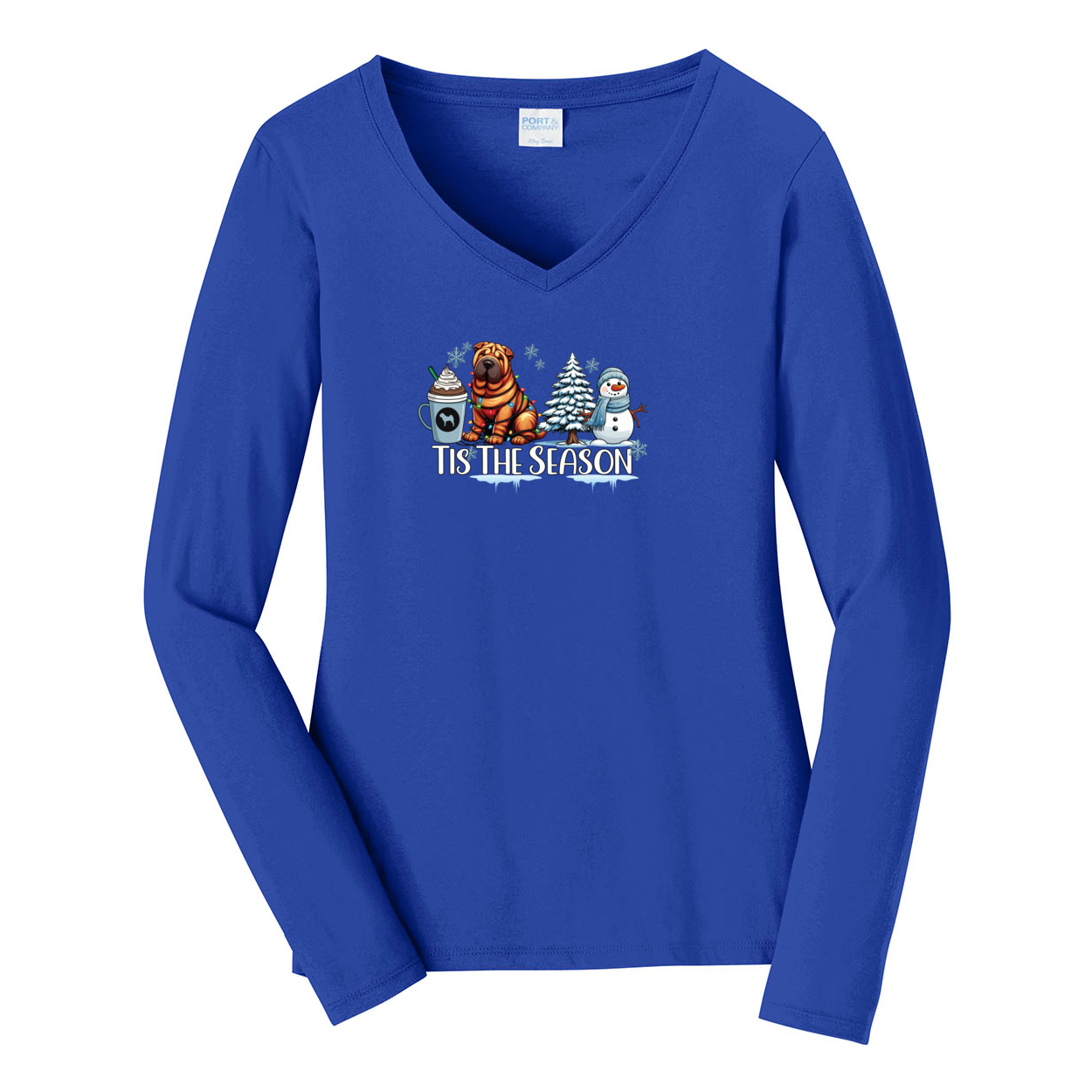 Chinese Shar-Pei Tis The Season Winter Port & Company® Ladies Long Sleeve Fan Favorite™ V-Neck Tee LPC450VLS