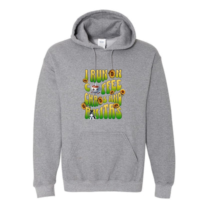 Gray hooded sweatshirt with text 'I RUN ON COFFEE CHAOS AND Akitas' featuring colorful graphics.