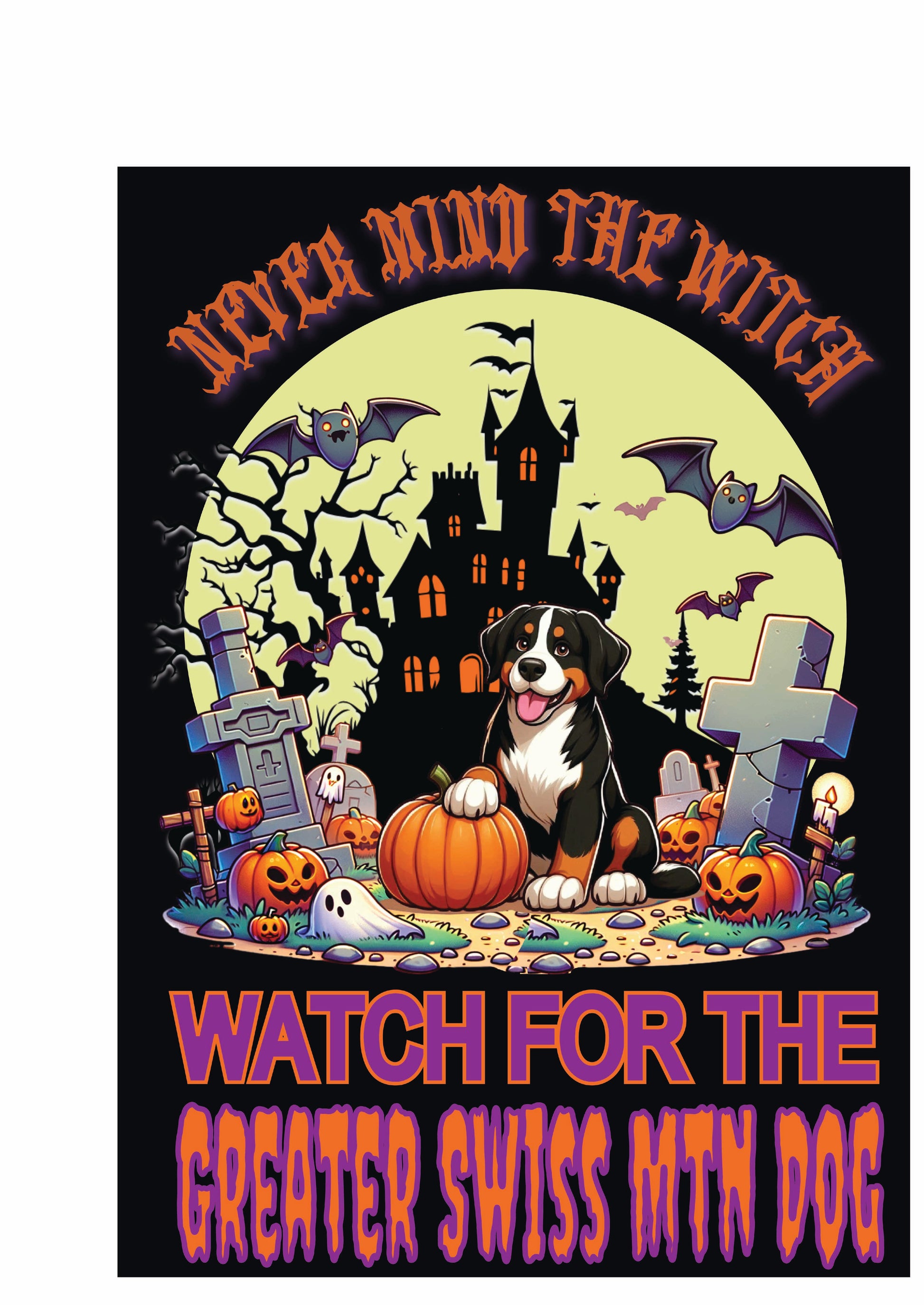 Halloween garden flag featuring a Greater Swiss Mtn Dog, pumpkins, and spooky elements, perfect for dog lovers.