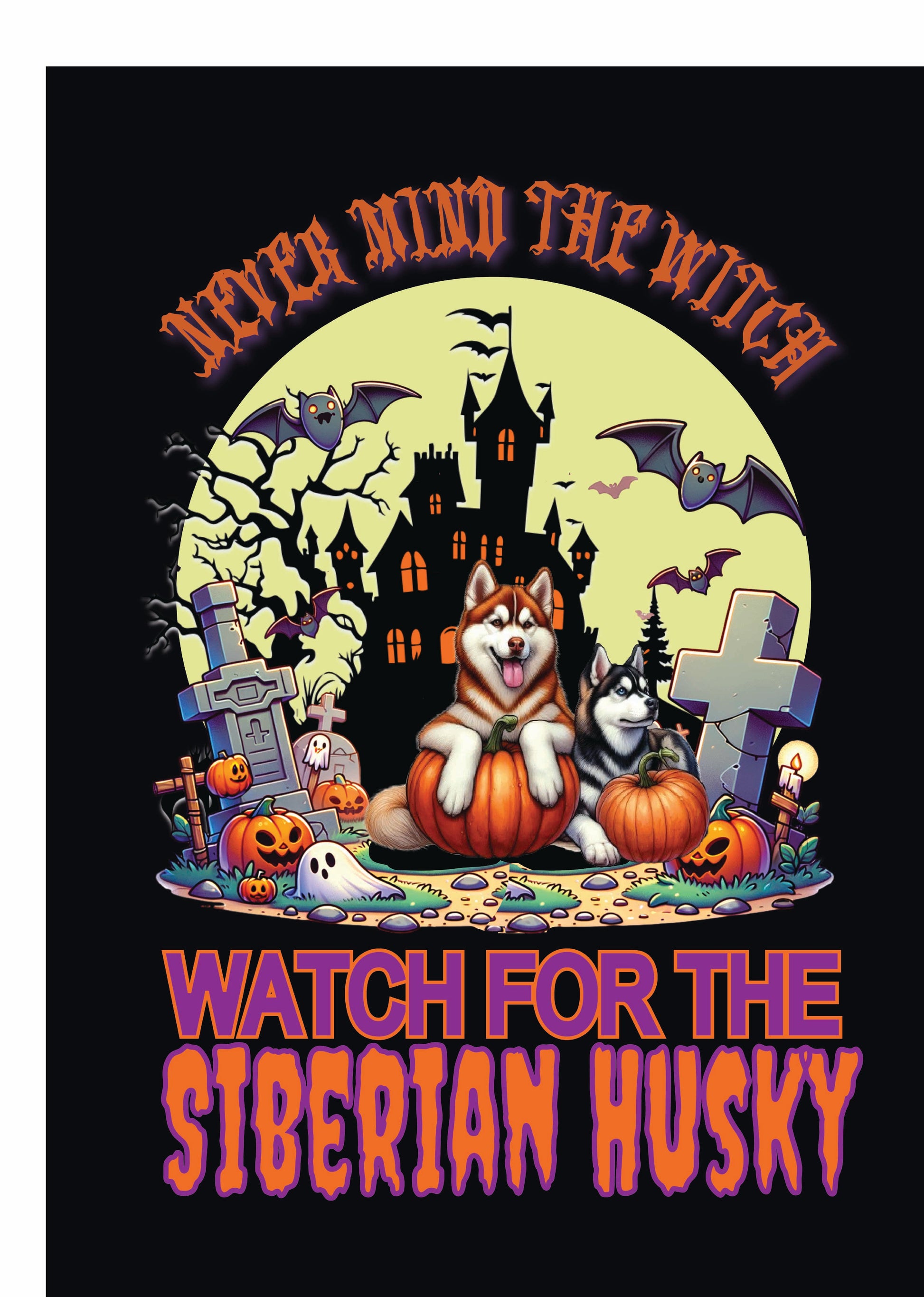 Halloween garden flag featuring two Siberian Huskies among pumpkins and a spooky backdrop, perfect for dog lovers.