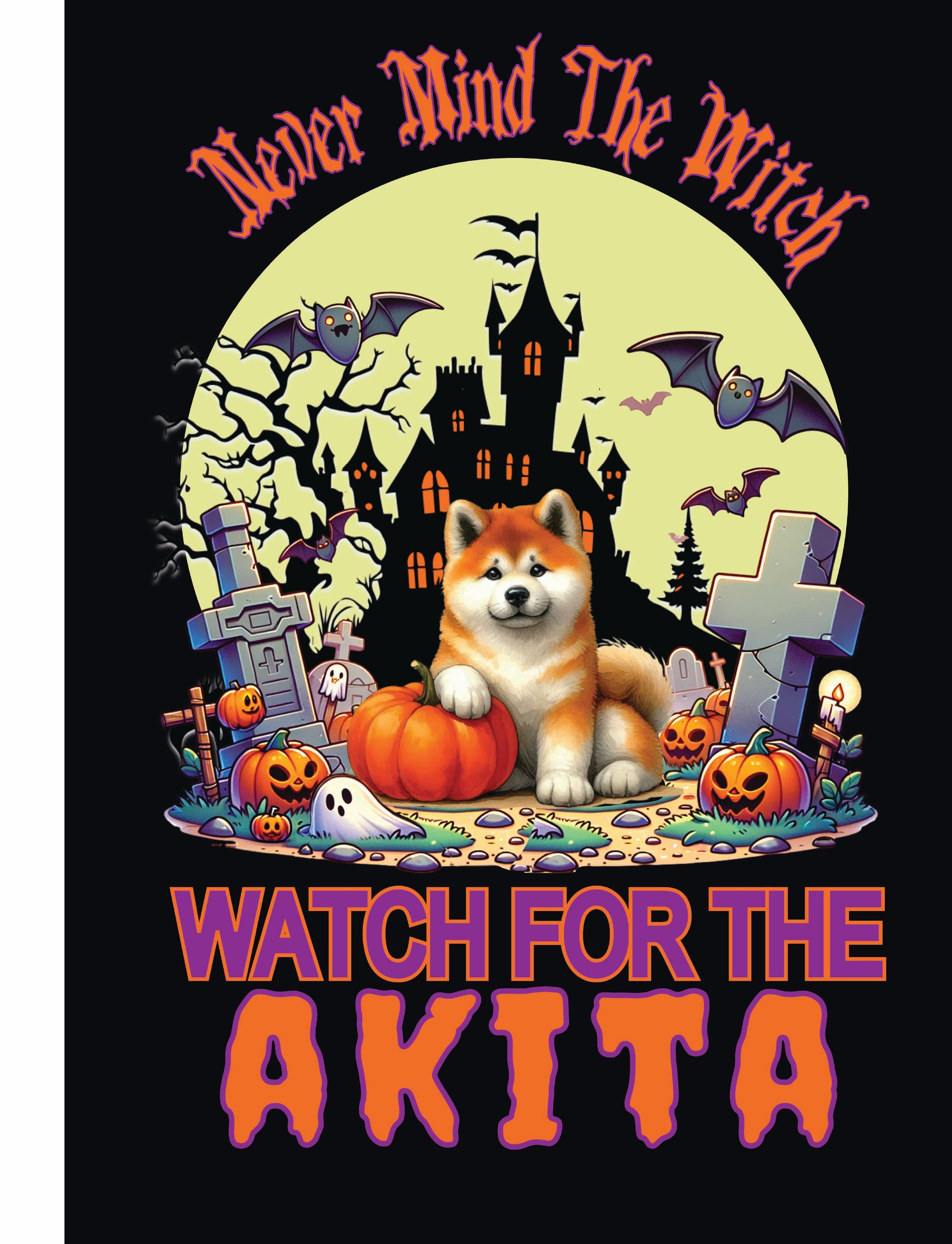 Halloween themed garden flag featuring an Akita, tombstones, pumpkins, and spooky elements for dog lovers.