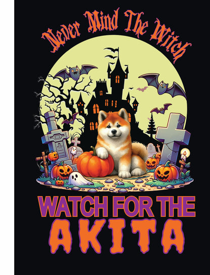 Halloween themed garden flag featuring an Akita, tombstones, pumpkins, and spooky elements for dog lovers.