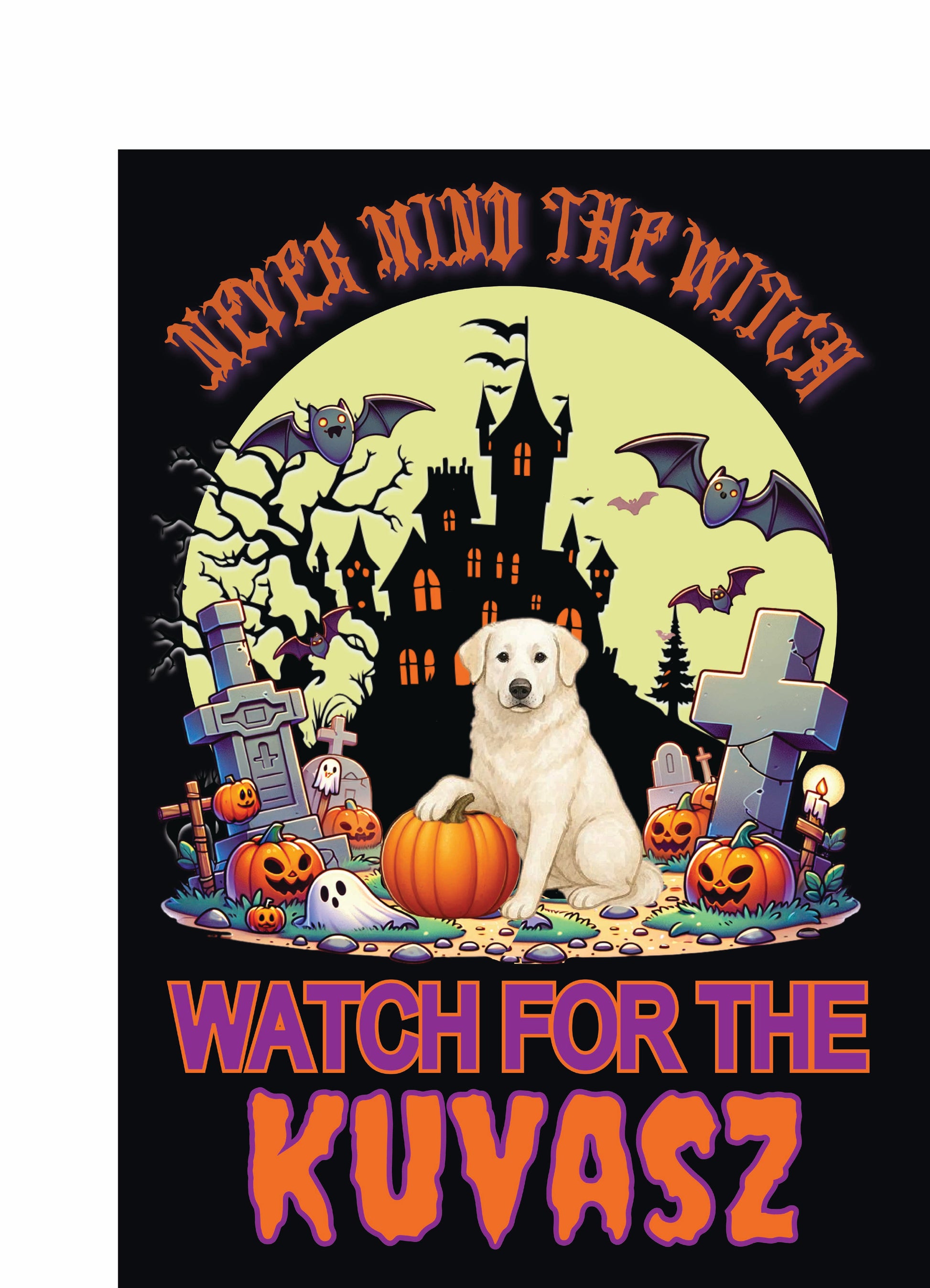 Halloween garden flag featuring a Kuvasz dog with pumpkins and spooky decorations. Garden Flag Working Group.