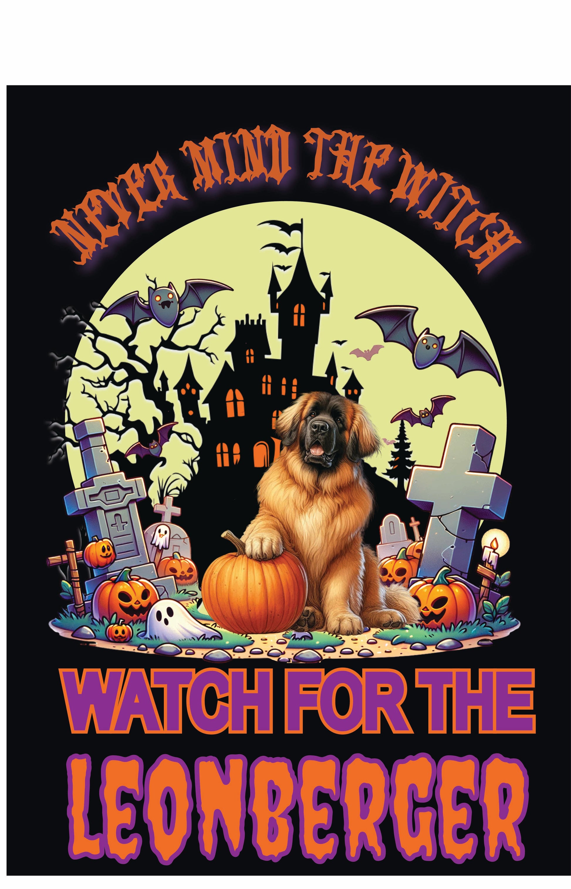 Halloween themed garden flag featuring a Leonberger dog with pumpkins and spooky decorations.