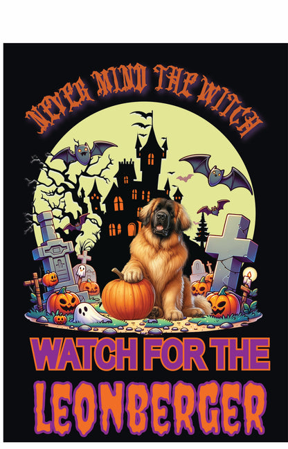 Halloween themed garden flag featuring a Leonberger dog with pumpkins and spooky decorations.