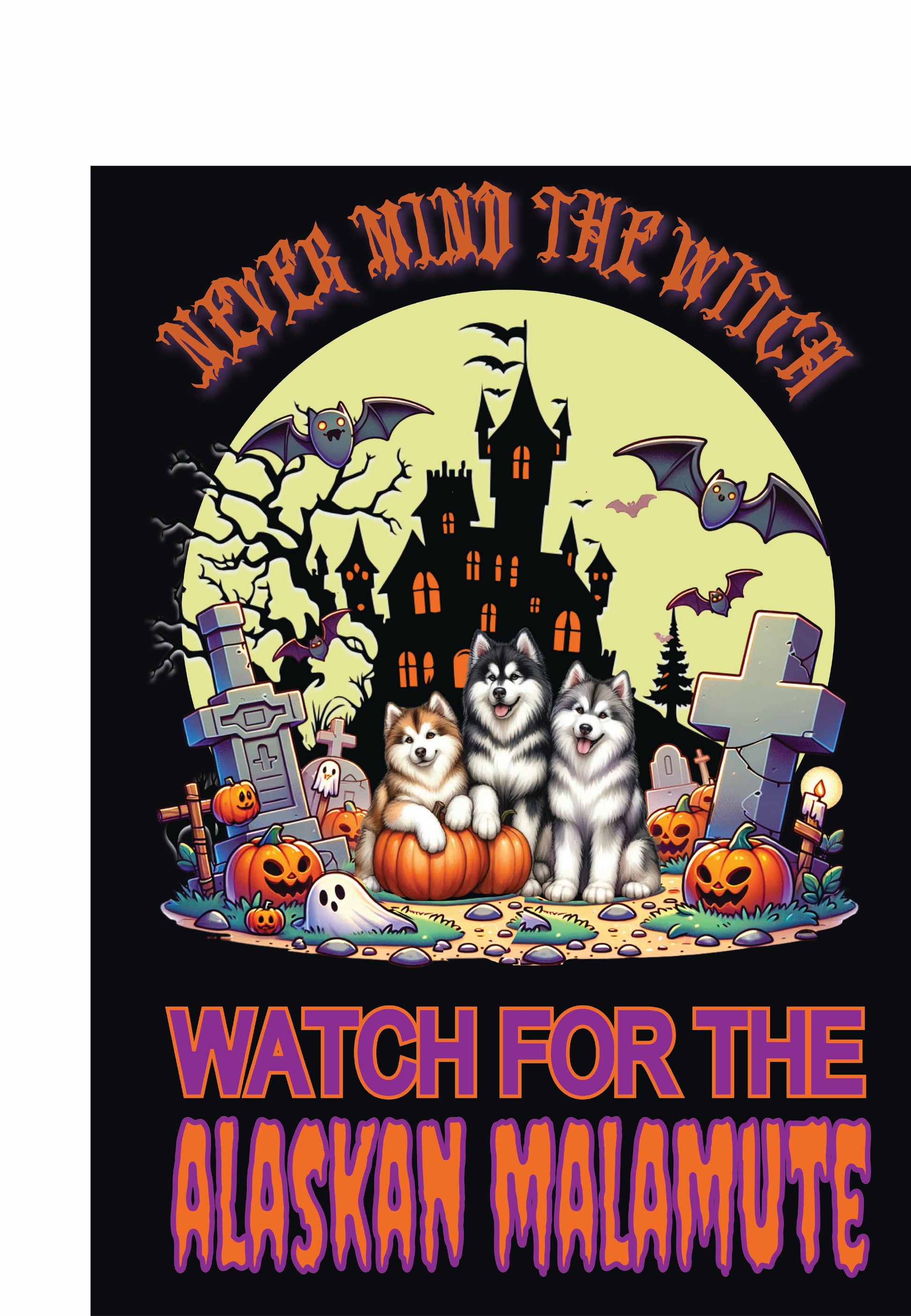 Halloween garden flag featuring Alaskan Malamutes with spooky castle and pumpkins. Garden Flag Working Group.
