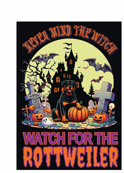 Halloween garden flag featuring Rottweiler, pumpkins, and spooky elements. Perfect for dog lovers.