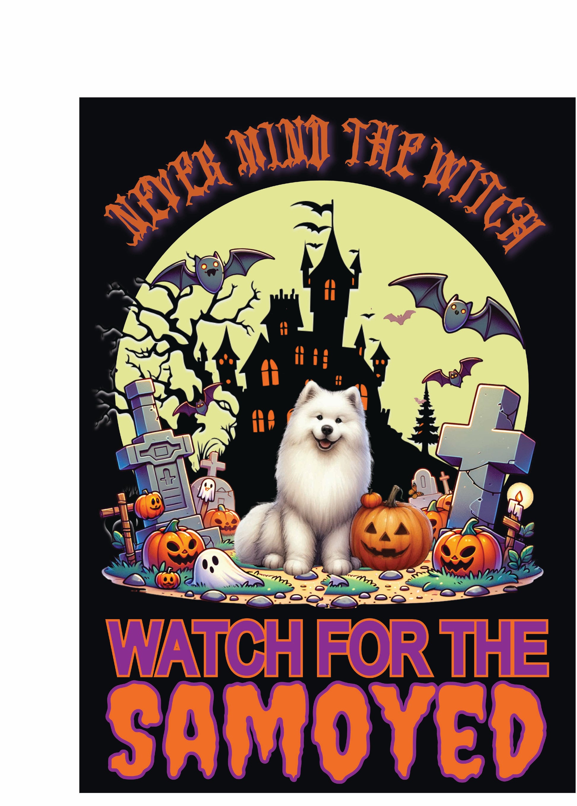 Halloween garden flag featuring a Samoyed dog with pumpkins and spooky elements, ideal for dog lovers.