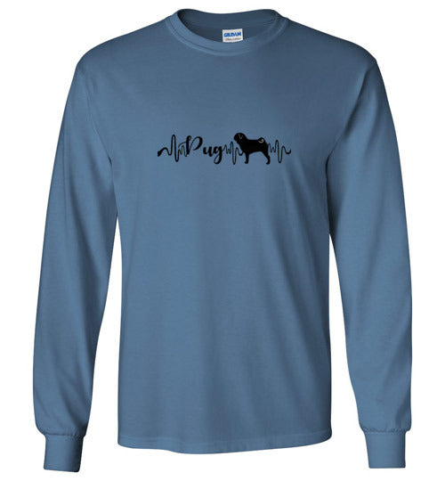 Pug Heartbeat Gildan Unisex Long Sleeve T-Shirt Black - WagALotBowWow
