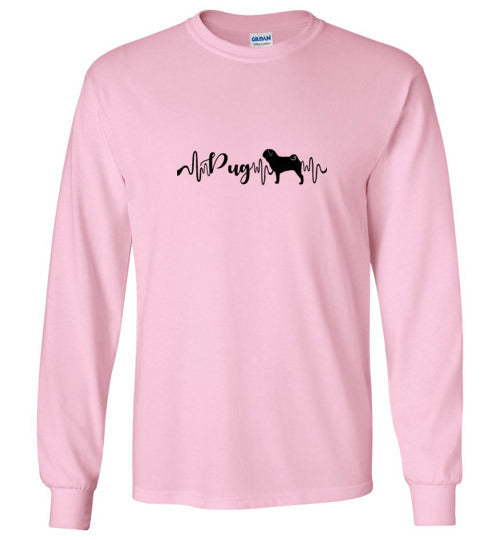 Pug Heartbeat Gildan Unisex Long Sleeve T-Shirt Black - WagALotBowWow