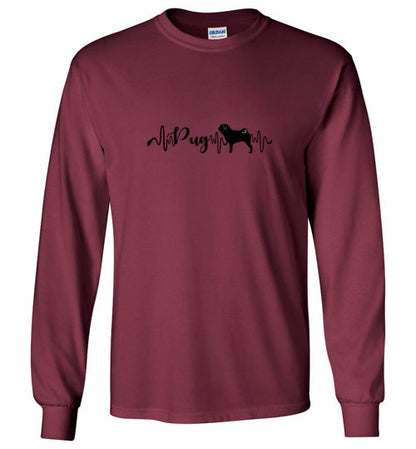 Pug Heartbeat Gildan Unisex Long Sleeve T-Shirt Black - WagALotBowWow