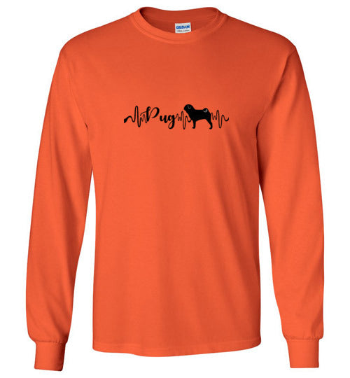 Pug Heartbeat Gildan Unisex Long Sleeve T-Shirt Black - WagALotBowWow