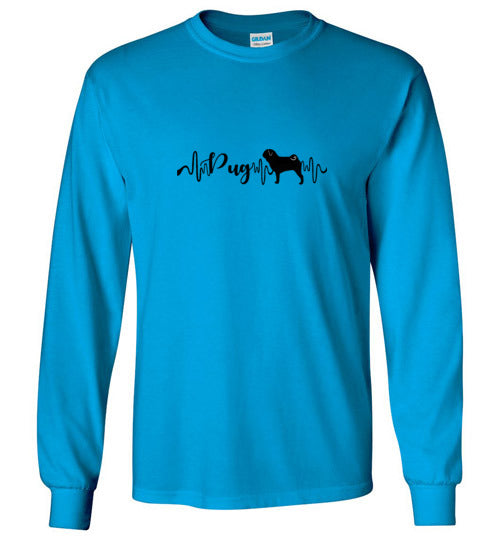 Pug Heartbeat Gildan Unisex Long Sleeve T-Shirt Black - WagALotBowWow