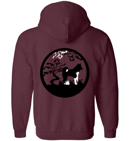 Akita Gate Front Tree Back Gildan Zip Hoodie