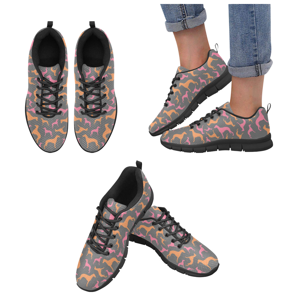 Whippet Silhouette Grey, Pink, Orange Black Sole Mesh Athletic Shoe - WagALotBowWow